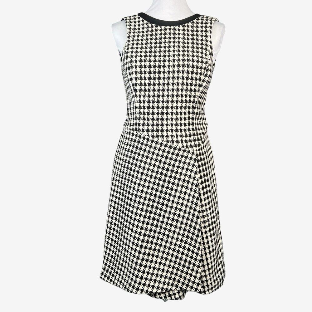 Lauren Ralph Lauren Houndstooth Faux Wrap Dress 4 Black White leather trim